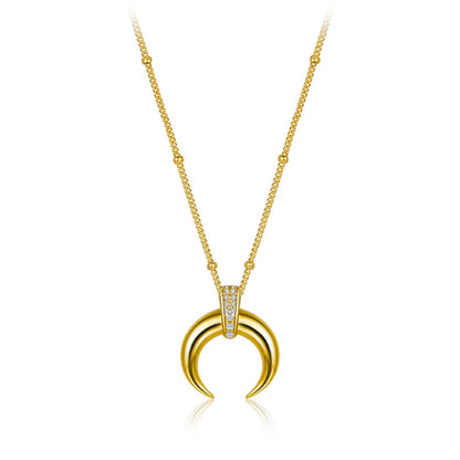 Awakened Time Radiant Horn Necklace featuring a crescent horn pendant with 5A cubic zirconia bail on a gold chain.