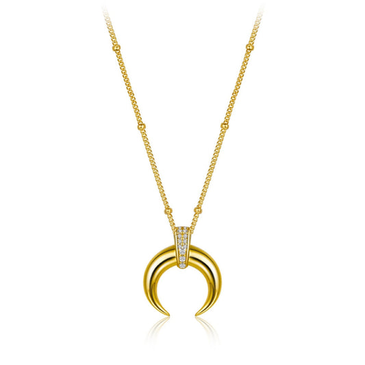 Awakened Time Radiant Horn Necklace featuring a crescent horn pendant with 5A cubic zirconia bail on a gold chain.
