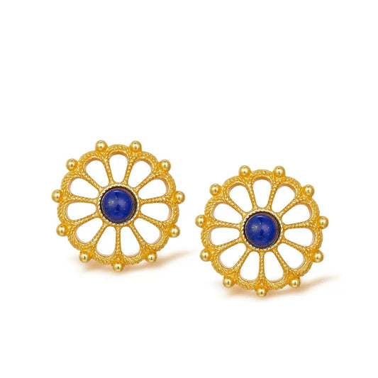 Pair of Awakened Time Rosetta di Firenze round gold stud earrings featuring an openwork sunburst rosette motif centered with a cabochon lapis lazuli gemstone on a white background.