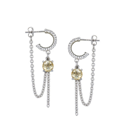 Pair of Awakened Time Sillage d’Argent white gold vermeil hoop earrings featuring prong-set round natural citrine gemstones with dangling silver chains on a white background.
