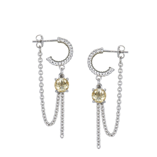 Pair of Awakened Time Sillage d’Argent white gold vermeil hoop earrings featuring prong-set round natural citrine gemstones with dangling silver chains on a white background.