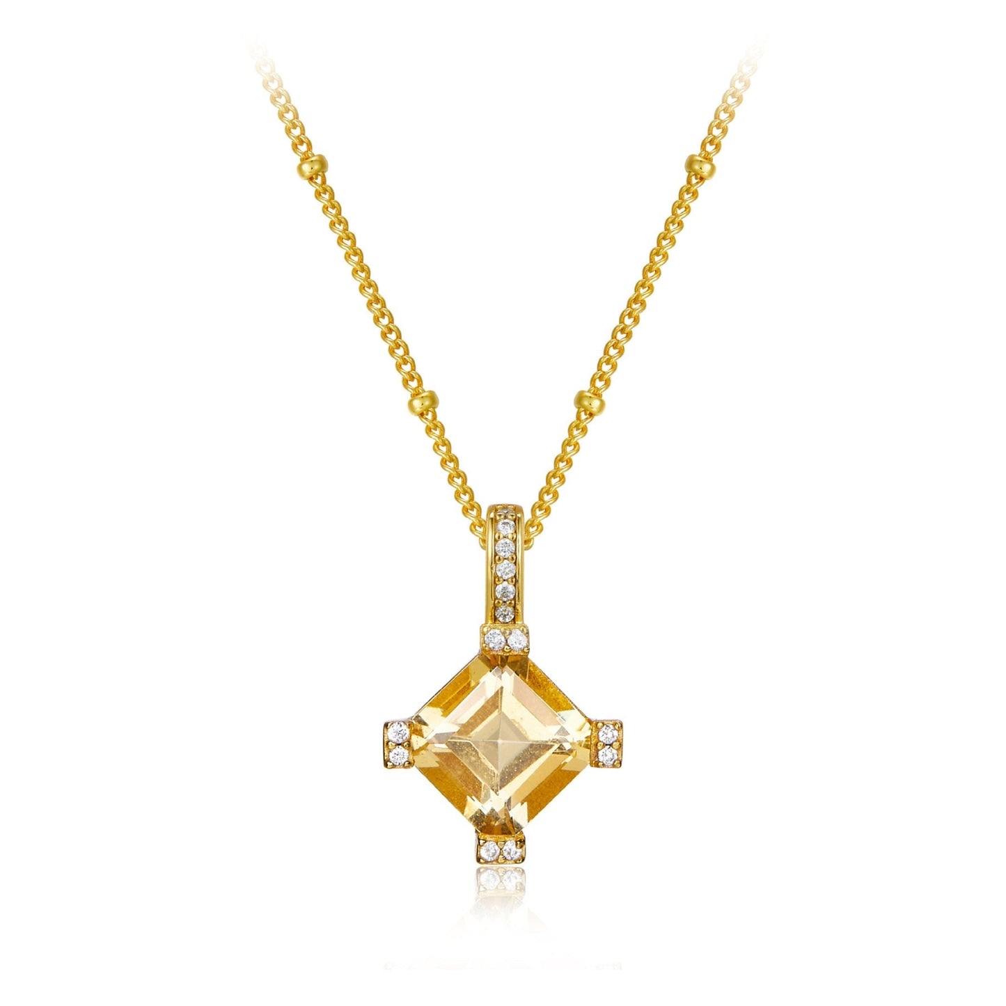 Awakened Time Stellar Frame necklace in 18ct gold vermeil featuring a princess-cut yellow citrine gemstone surrounded by diamond-pave accents on a white background.