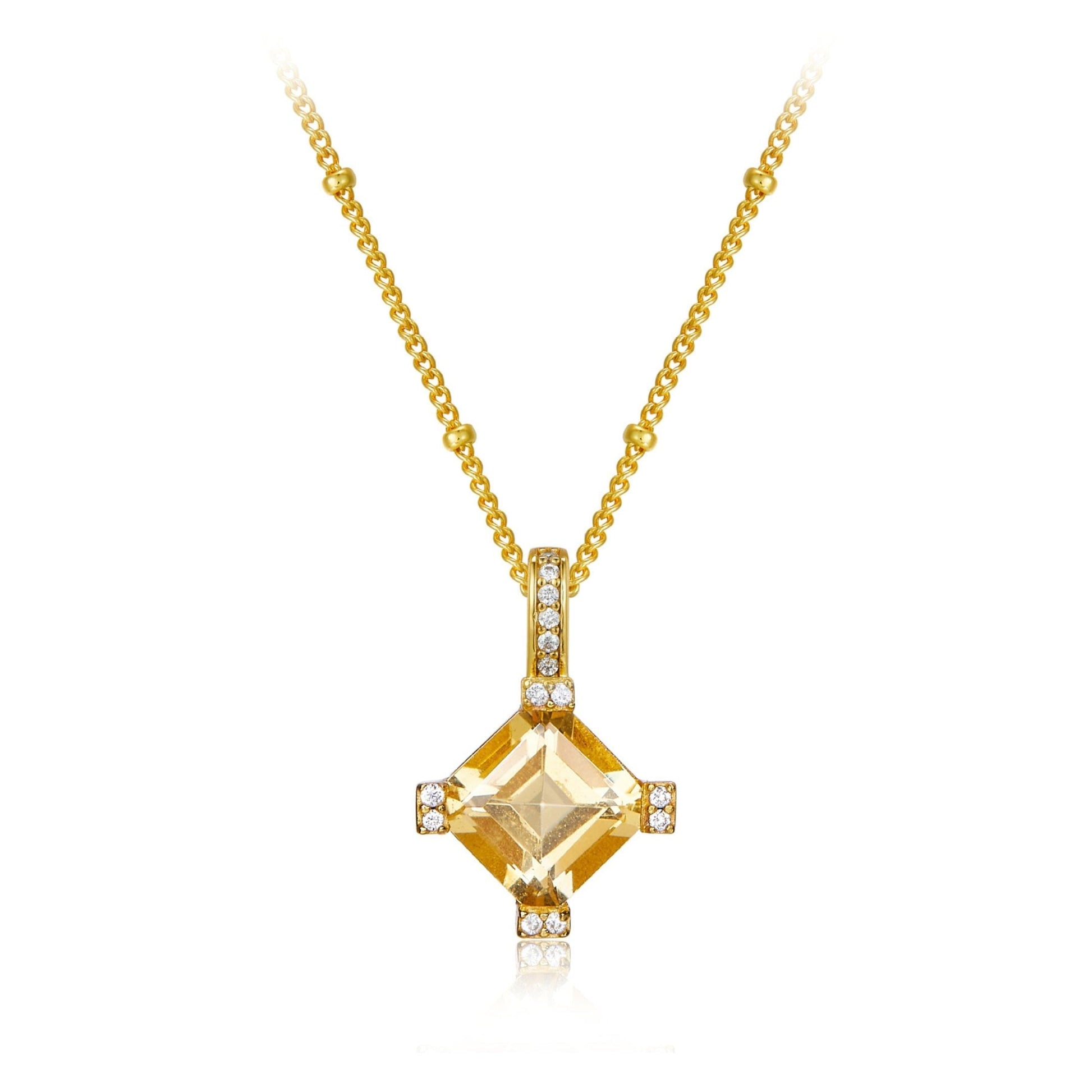 Awakened Time Stellar Frame necklace in 18ct gold vermeil featuring a princess-cut yellow citrine gemstone surrounded by diamond-pave accents on a white background.