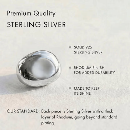 Awakened Time premium quality sterling silver infographic highlighting solid 925 sterling silver, a rhodium finish for added durability, and long-lasting shine.