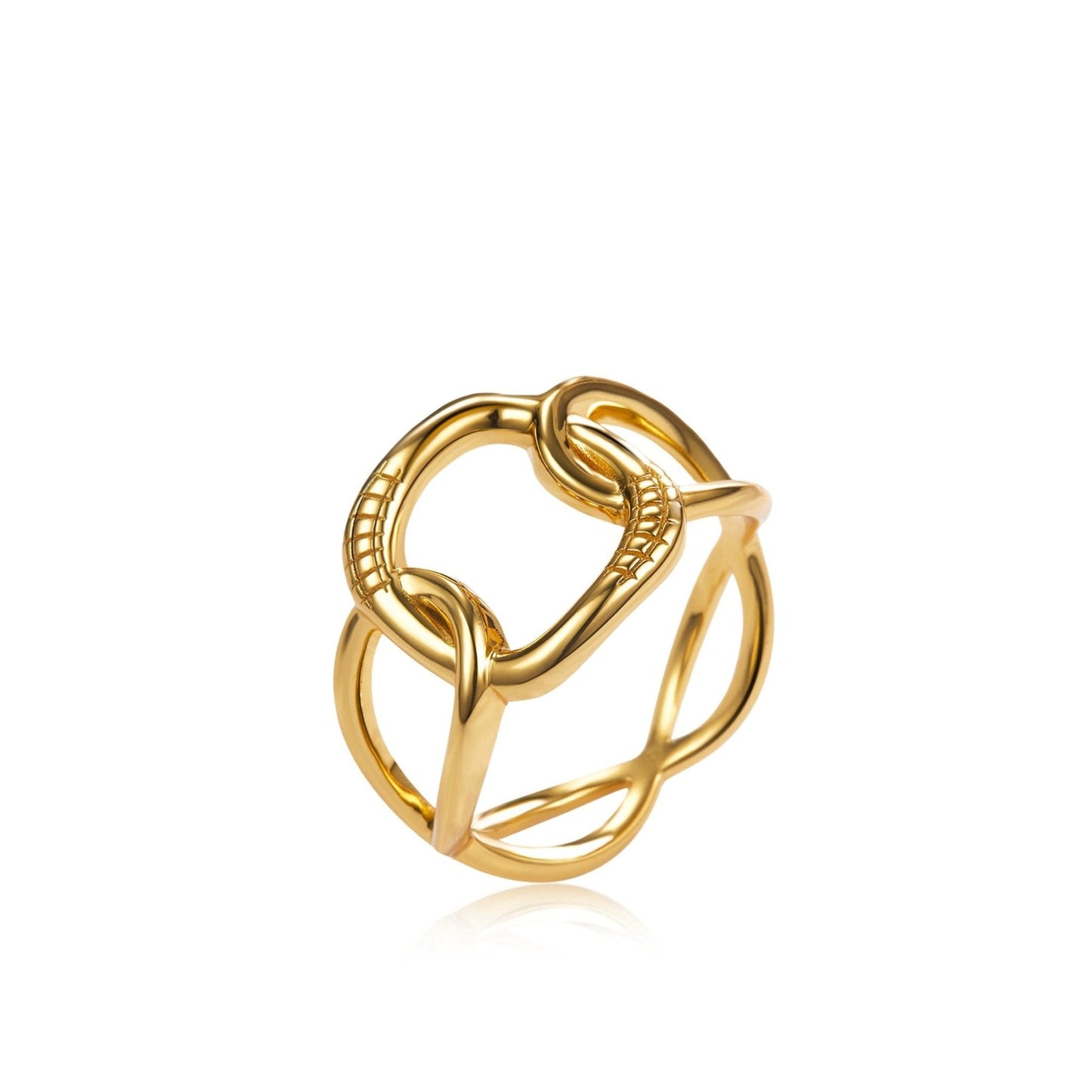 The Halo Ring by Awakened Time featuring three sculpted, intertwined bands in 18ct recycled gold vermeil, presented as bold modern luxury jewelry.