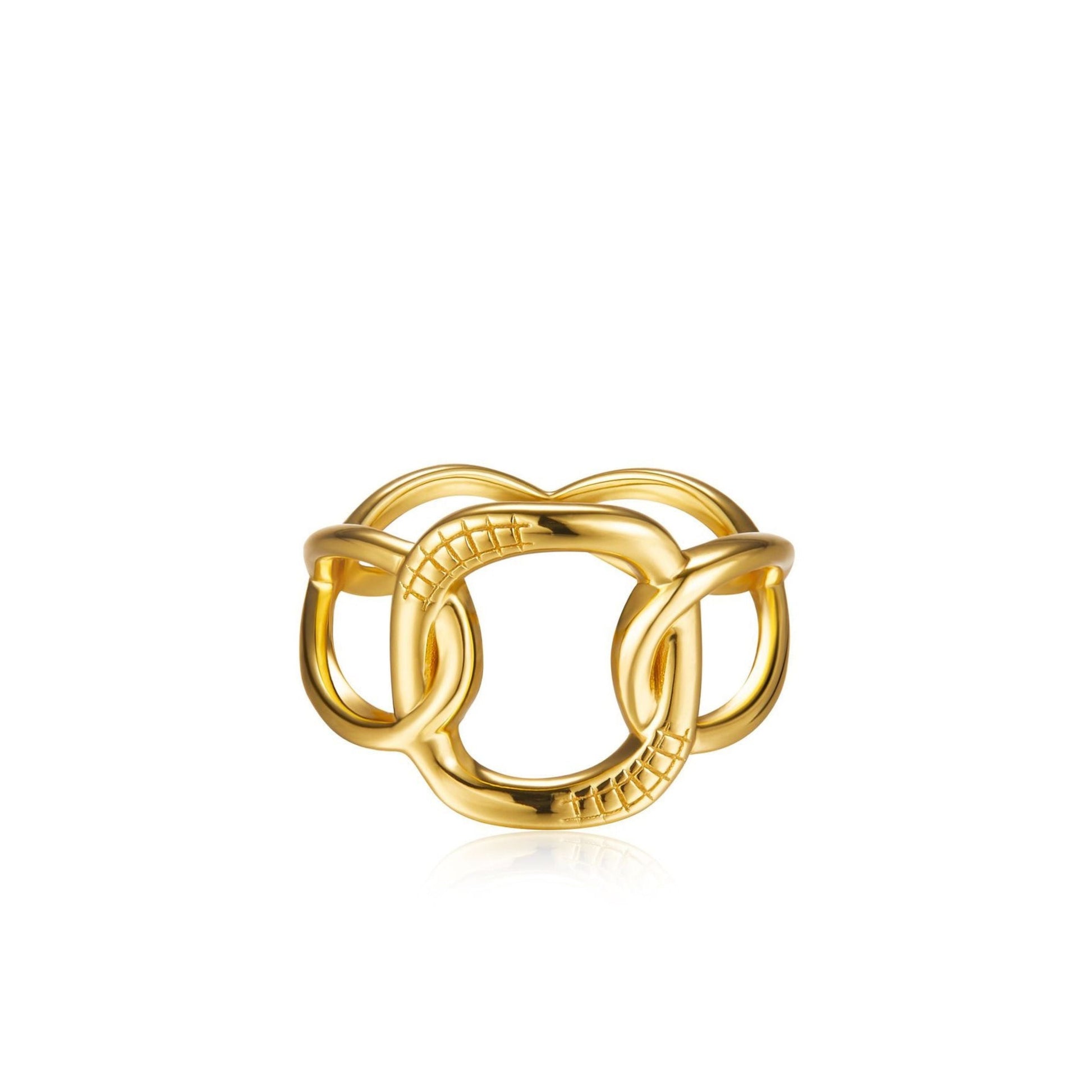 Studio product shot of The Halo Ring featuring intertwined sculpted bands in 18ct gold vermeil by Awakened Time.
