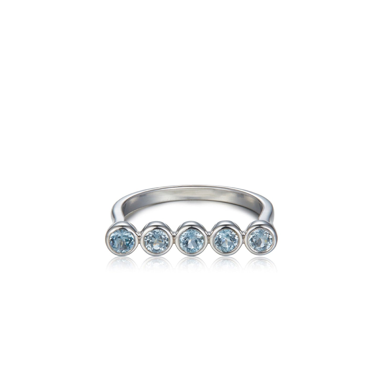 Awakened Time Timeline Ring featuring five natural blue topaz stones bezel-set in an 18ct white gold vermeil sterling silver band.