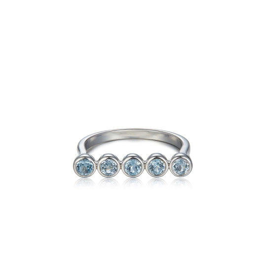 Awakened Time Timeline Ring featuring five natural blue topaz stones bezel-set in an 18ct white gold vermeil sterling silver band.