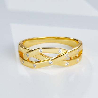 Front angle detail view of the seamless triple-band Trinity Orbit Ring by Awakened Time.
