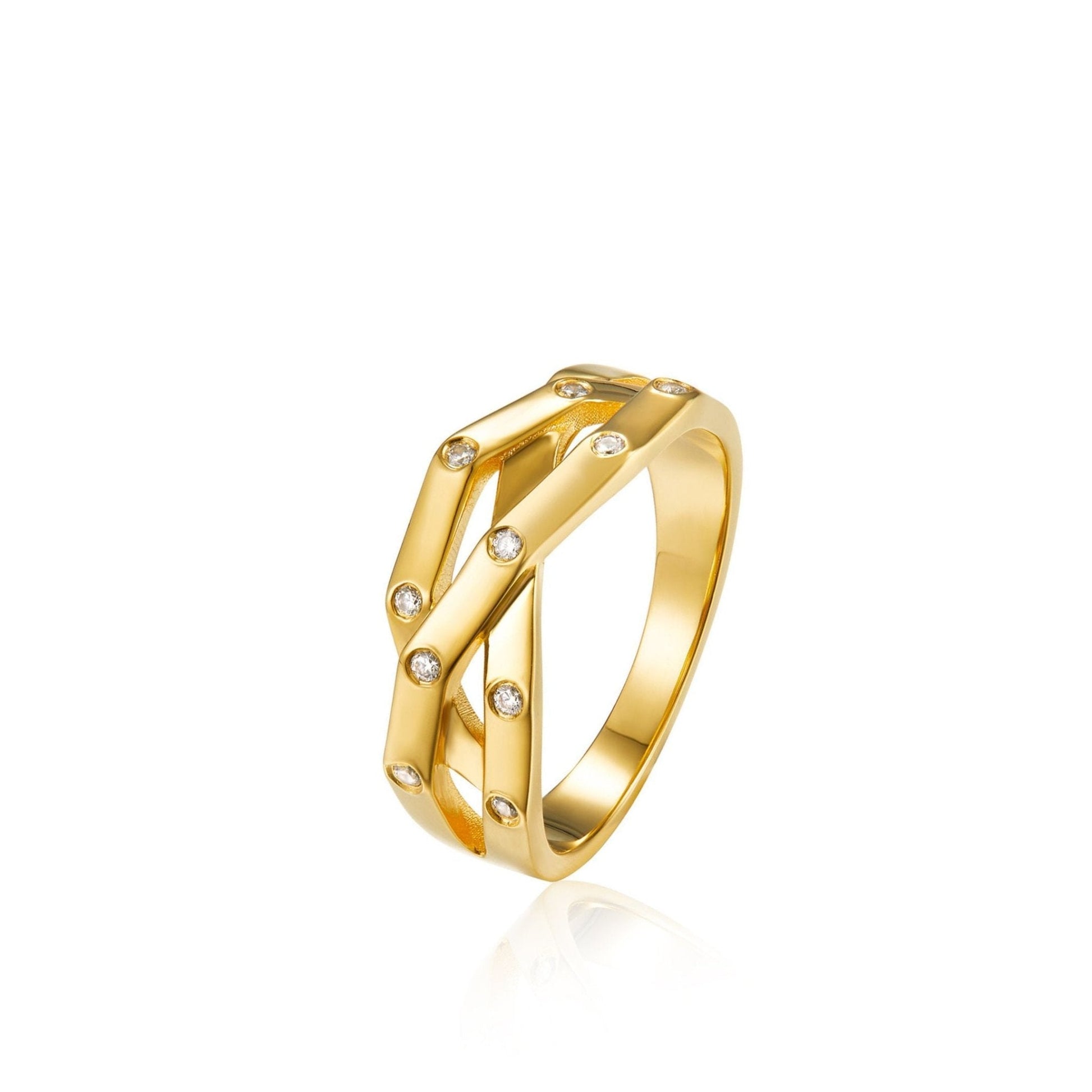 Awakened Time Trinity Orbit Ring crafted in 18ct gold vermeil over sterling silver with 5A cubic zirconia.