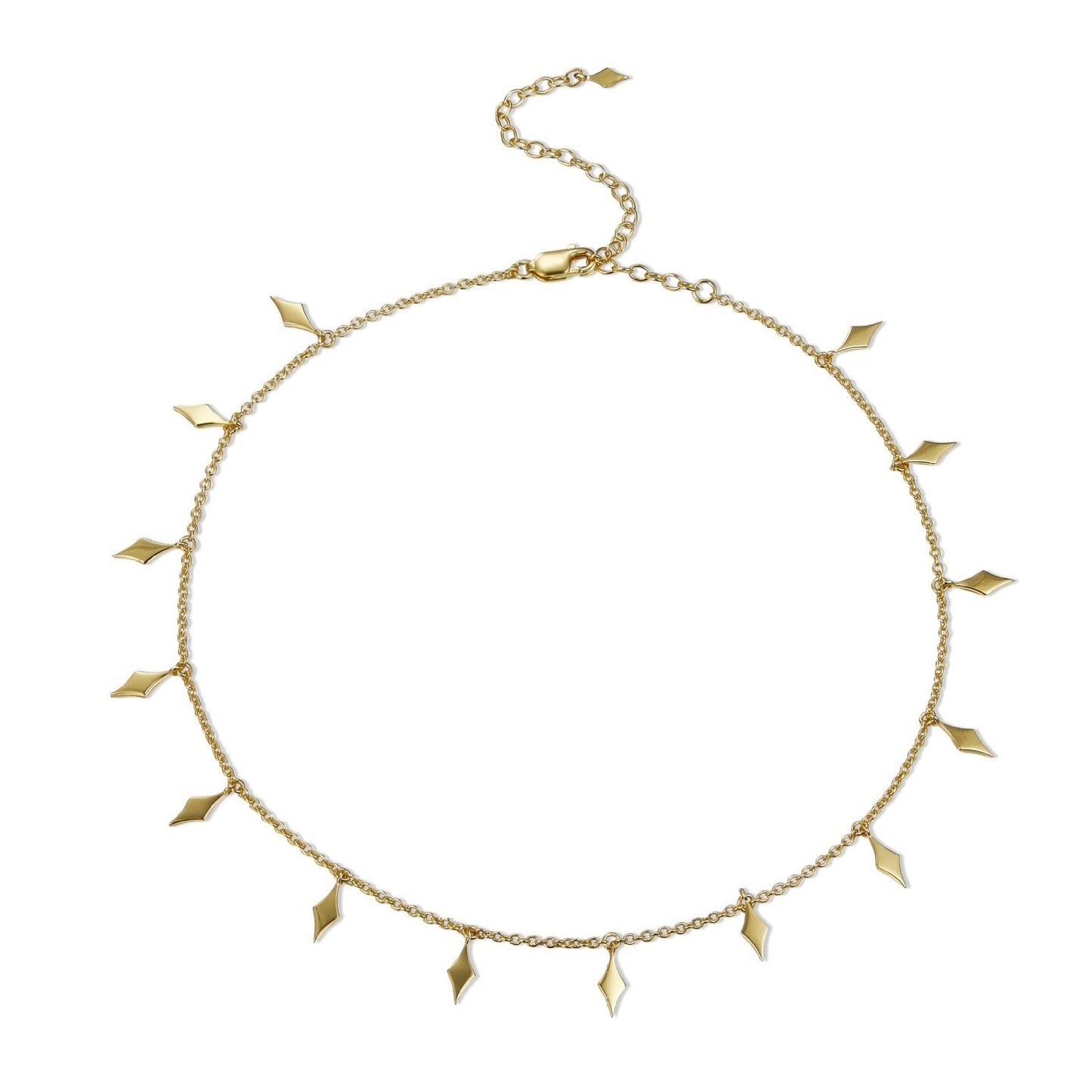 Flat lay view of the Bare Luxe Venus Drip gold necklace showing the chain loop and extender clasp