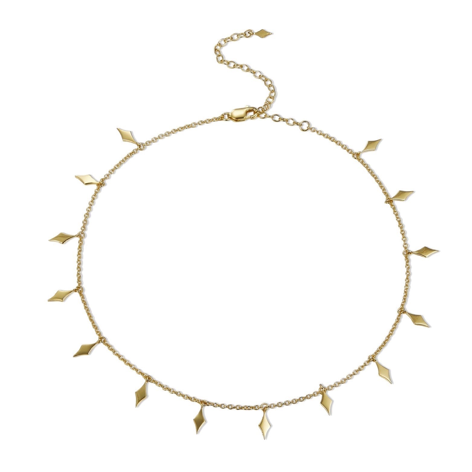 Flat lay view of the Bare Luxe Venus Drip gold necklace showing the chain loop and extender clasp