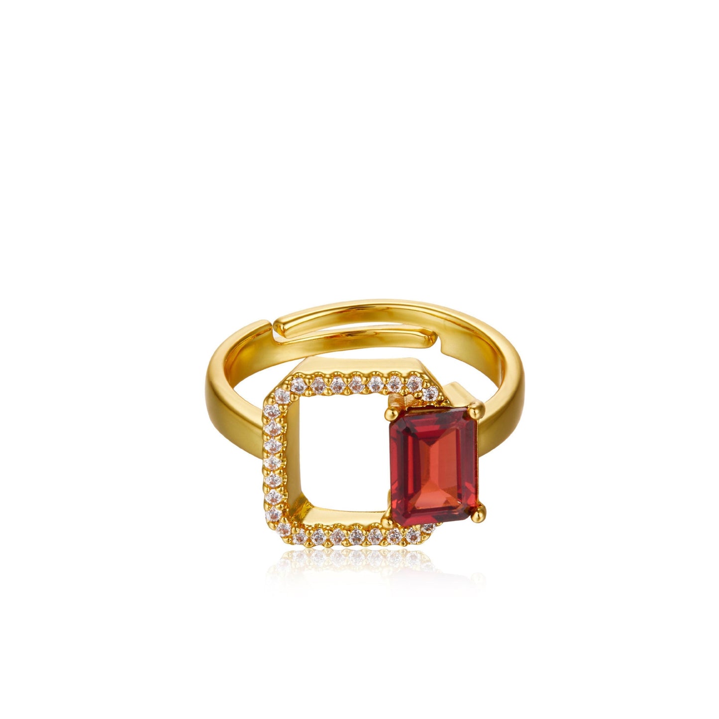 Carré Rouge Ring by Awakened Time featuring a natural garnet gemstone, 18ct gold vermeil over 925 sterling silver, and pavé cubic zirconia accents.