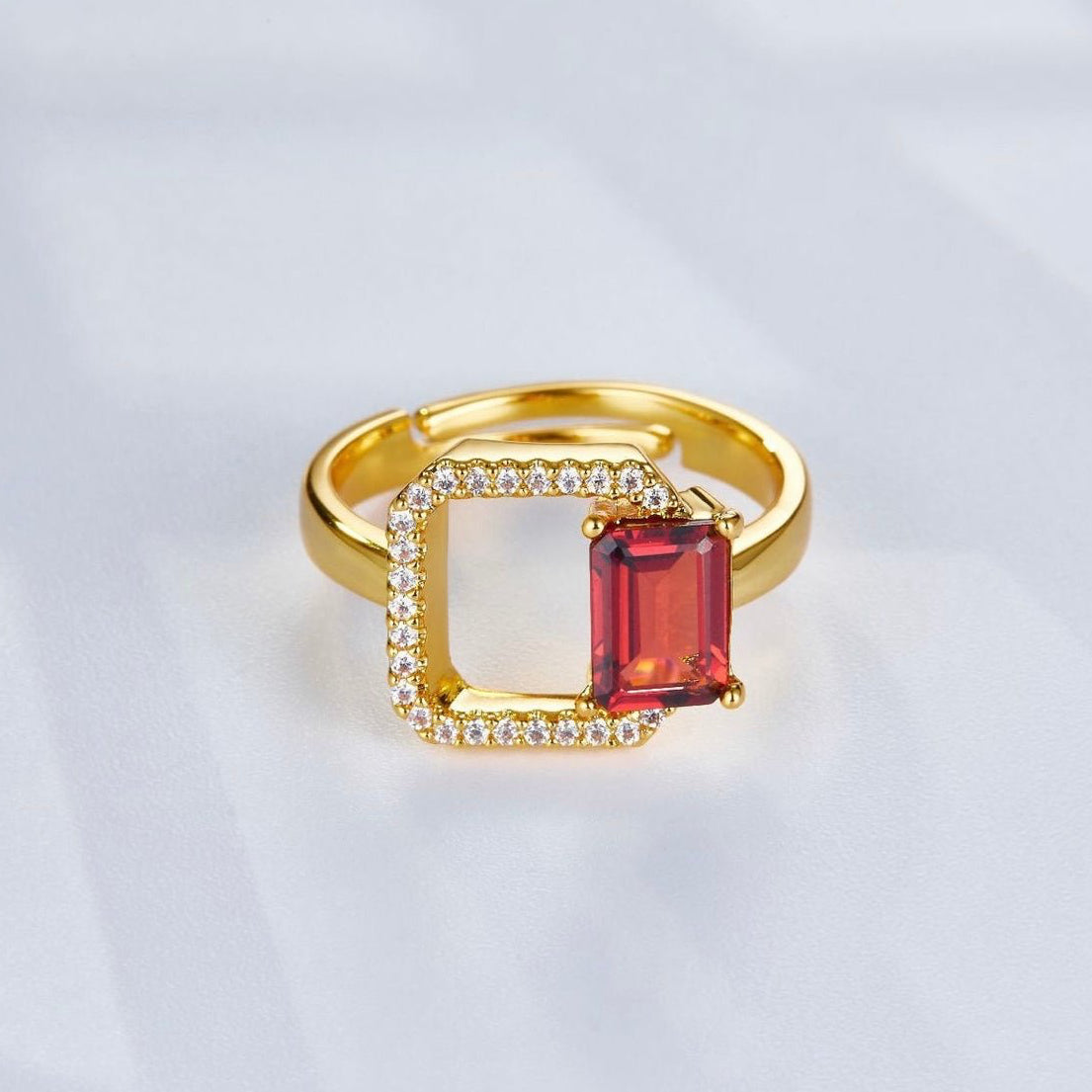 Carré Rouge Ring by Awakened Time featuring a natural red garnet gemstone, geometric square design, and 18ct recycled gold vermeil over 925 sterling silver.