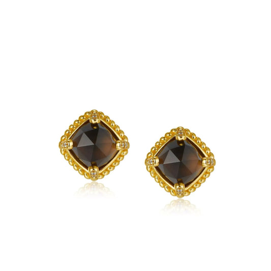Pair of Cocoa Luxe cushion-cut smoky quartz stud earrings framed in baroque-inspired beaded gold vermeil settings.