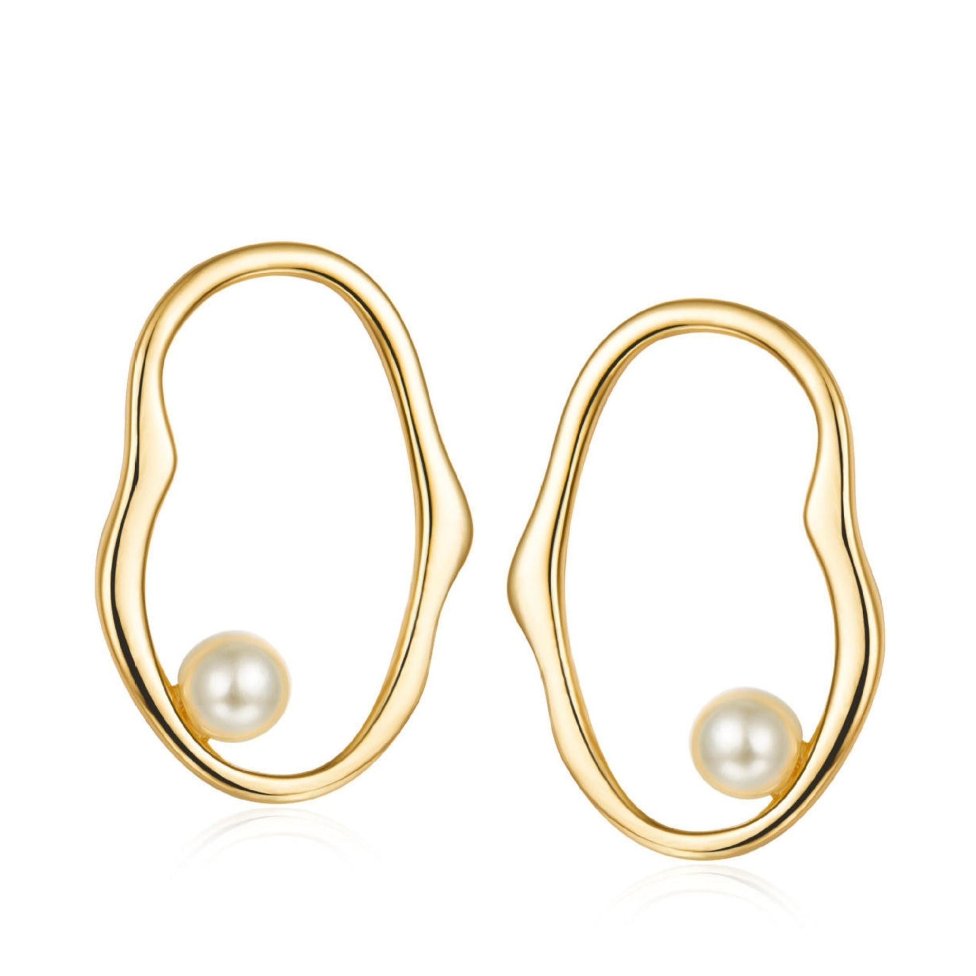 Pair of Contour d’Or Pearl Earrings in 18k gold vermeil featuring fluid, organic gold loops encircling a suspended pearl.