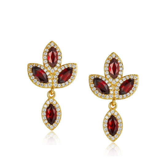 Pair of Fleur de Feu gold drop earrings featuring marquise-cut red garnets in a leaf arrangement encircled by pavé cubic zirconia halos.
