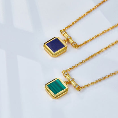 Angle view of the Garden Square gemstone pendant necklaces in blue lapis lazuli and green malachite