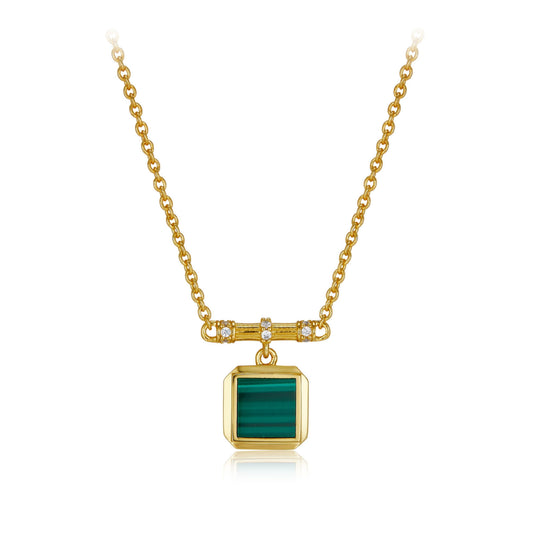 Awakened Time Garden Square necklace with a green malachite gemstone in 18ct gold vermeil