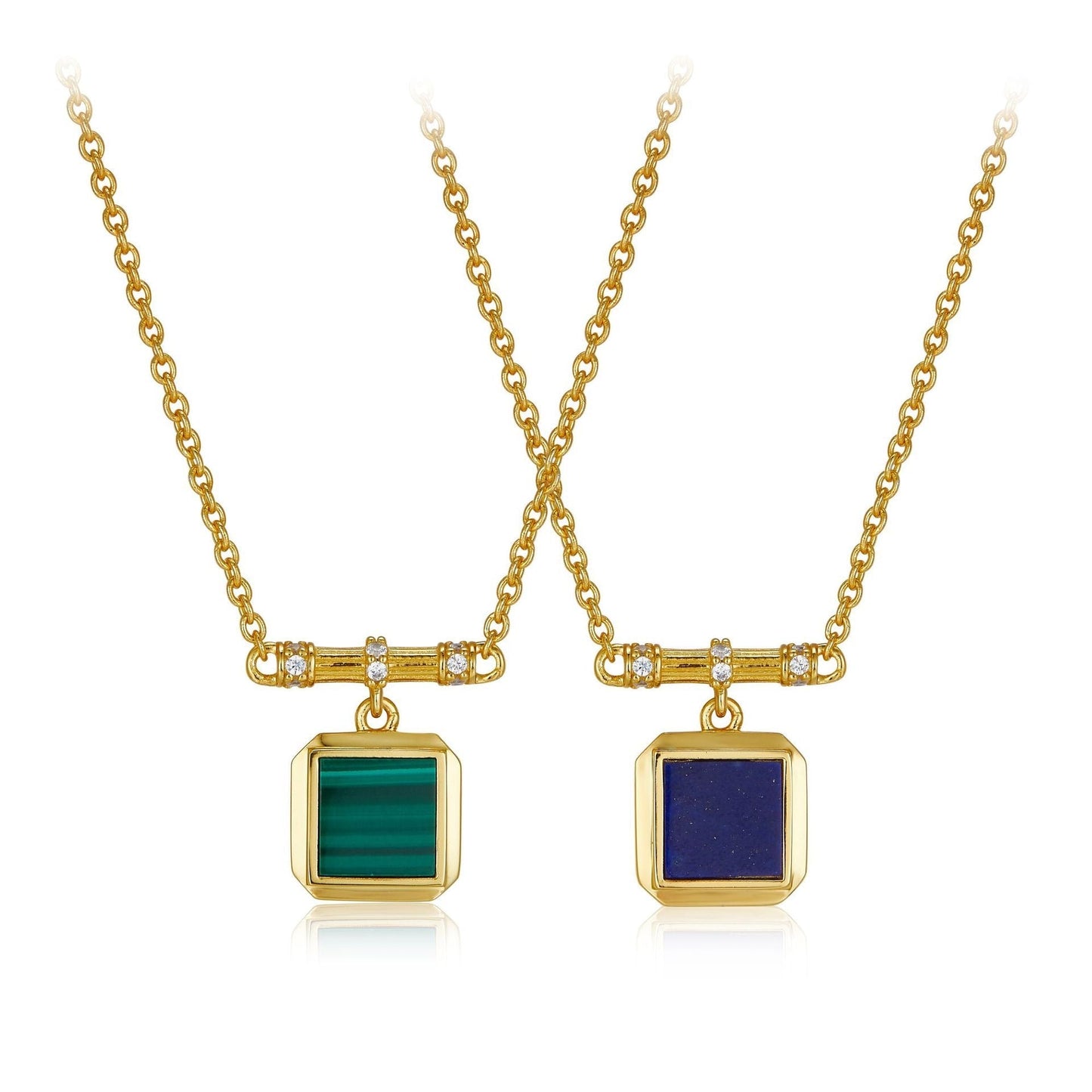 Side-by-side comparison of the Garden Square necklace in green malachite and blue lapis lazuli