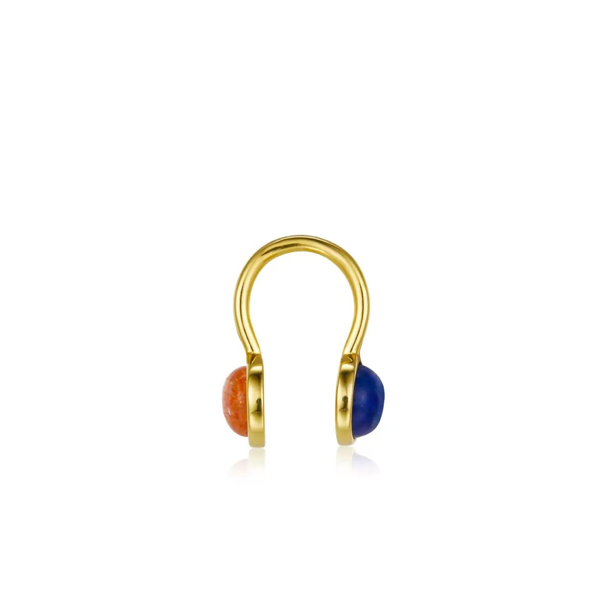 Gemini U-shaped ear cuff in 18ct gold vermeil featuring a sunstone and lapis lazuli cabochon on a plain white background.