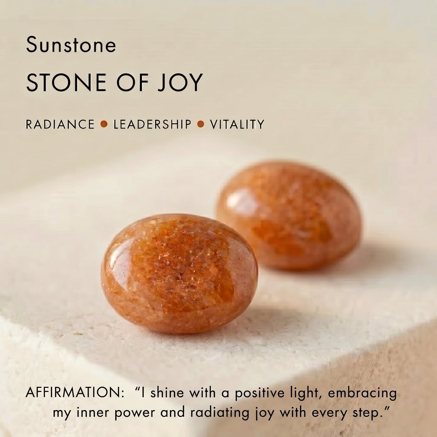 Infographic illustrating natural sunstone as the stone of joy, radiance, and vitality.