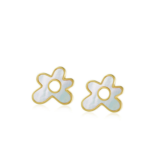 Gold and mother-of-pearl flower stud earrings with openwork design.