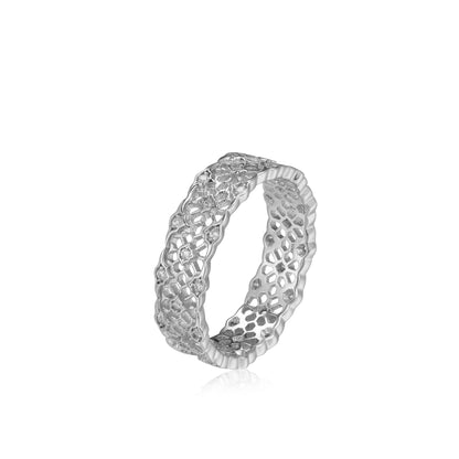 Awakened Time Iceveil Band featuring an intricate geometric lace filigree design in 18ct recycled white gold vermeil over sterling silver with sparkling pavé cubic zirconia.
