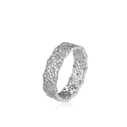 Awakened Time Iceveil Band featuring an intricate geometric lace filigree design in 18ct recycled white gold vermeil over sterling silver with sparkling pavé cubic zirconia.