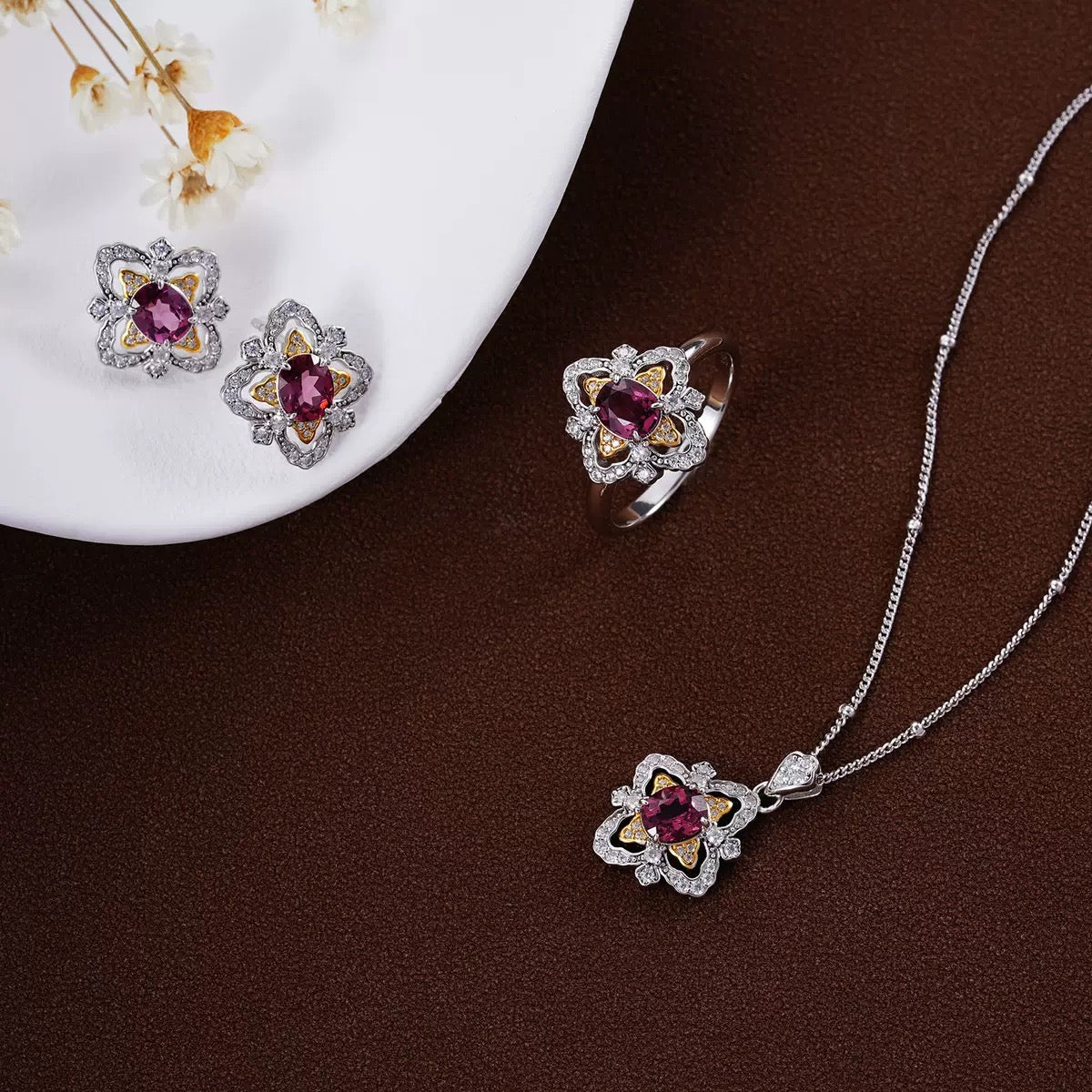 Complete La Rosa di Firenze Renaissance collection including matching garnet stud earrings, ring, and pendant necklace.