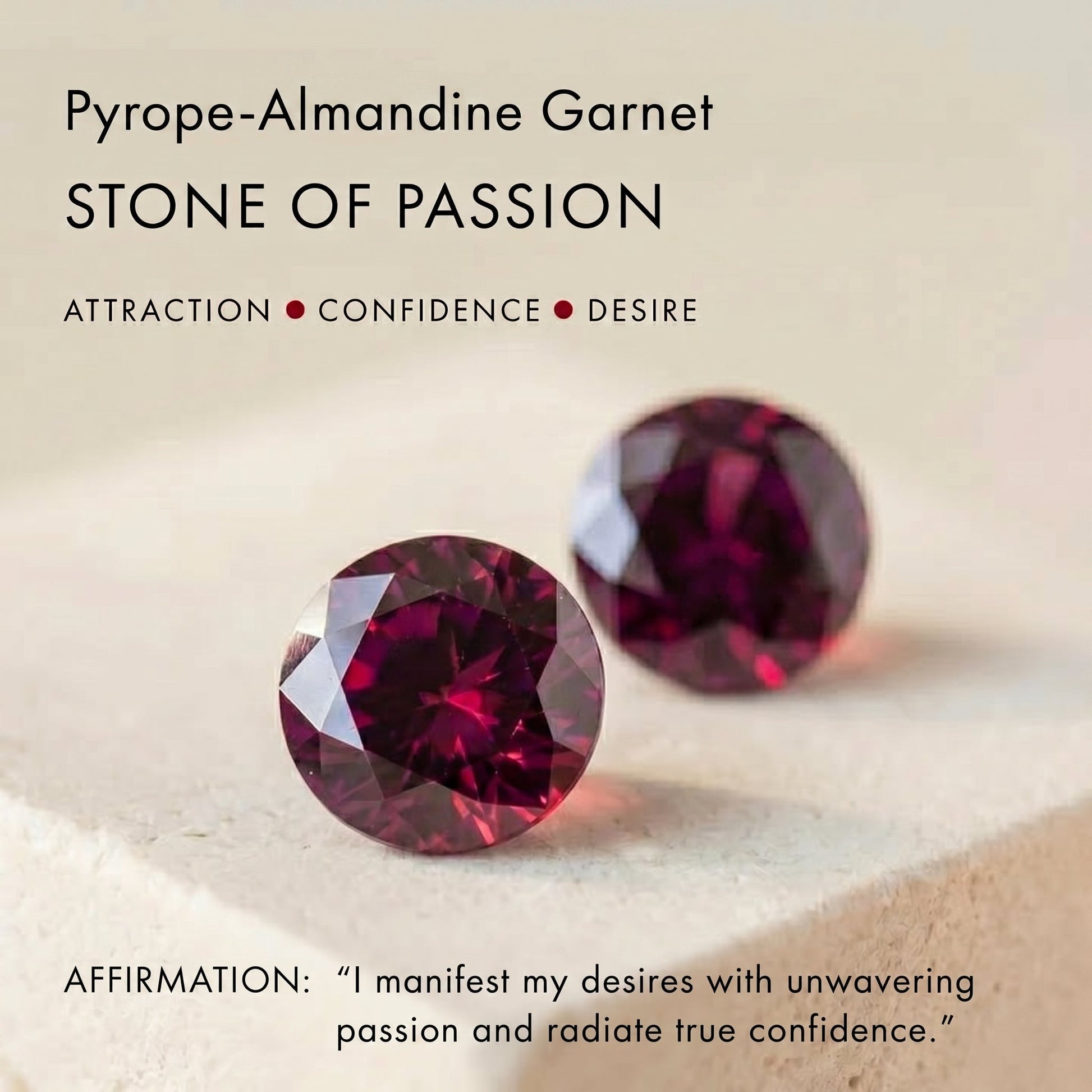 Feature card displaying deep red Pyrope-Almandine Garnet gemstones and describing it as the stone of passion, attraction, confidence, and desire.