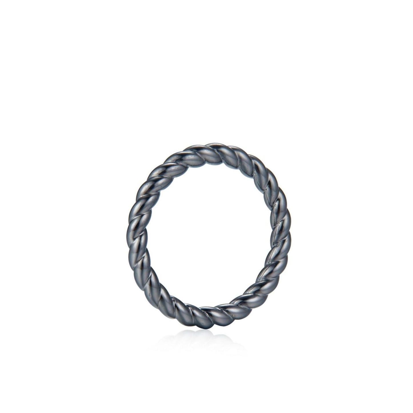 Awakened Time Léa Twist luxury ring in a clean studio product shot, showcasing its polished braided rope design crafted in 18ct recycled black gold plating.