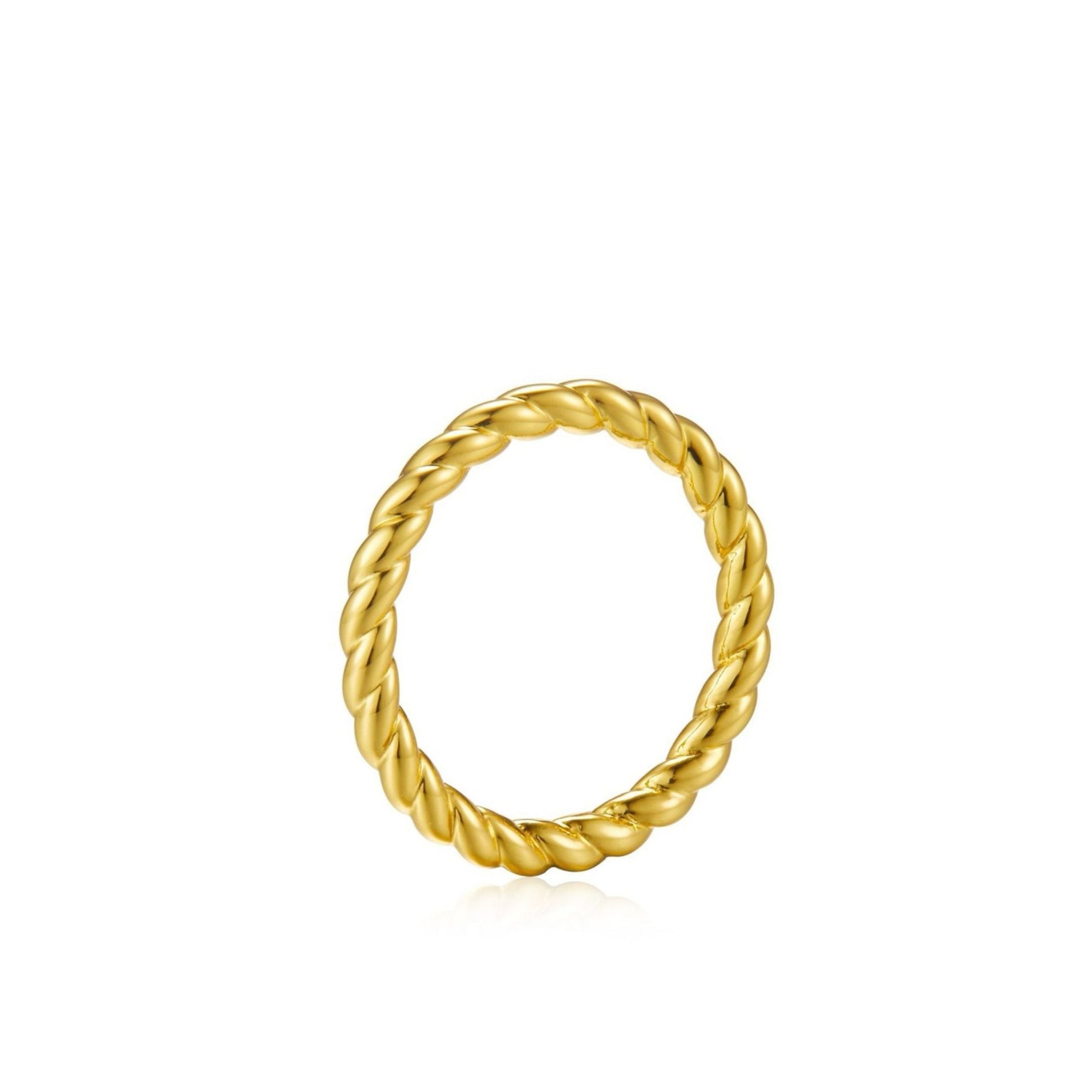 Awakened Time Léa Twist luxury ring in a clean studio product shot, showcasing its polished braided rope design crafted in 18ct recycled gold plating.