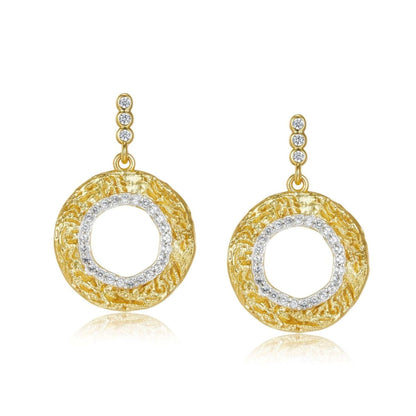 Pair of Lune Dorée textured gold circular drop earrings accented with clear pavé crystals.