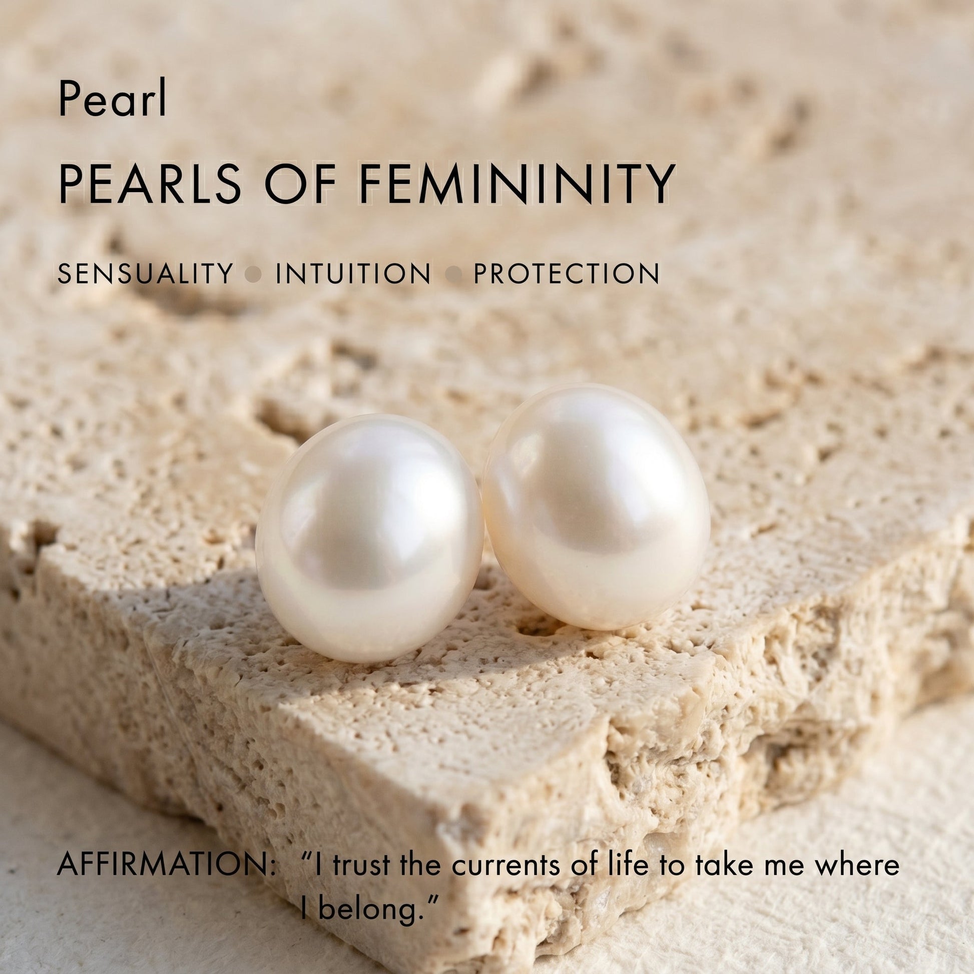 Natural freshwater pearls sitting on stone background with text highlighting pearl quality and symbolism.