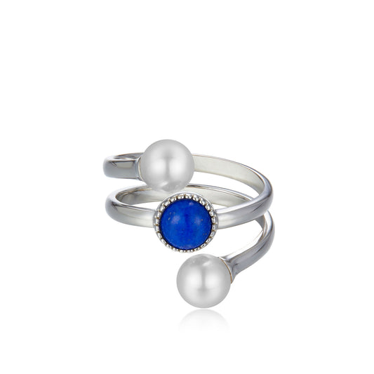 Awakened Time Pearl Cosmos luxury statement ring featuring a natural deep blue lapis lazuli center stone flanked by dual freshwater pearls, handcrafted in 18ct white gold vermeil with an adjustable celestial-inspired design.