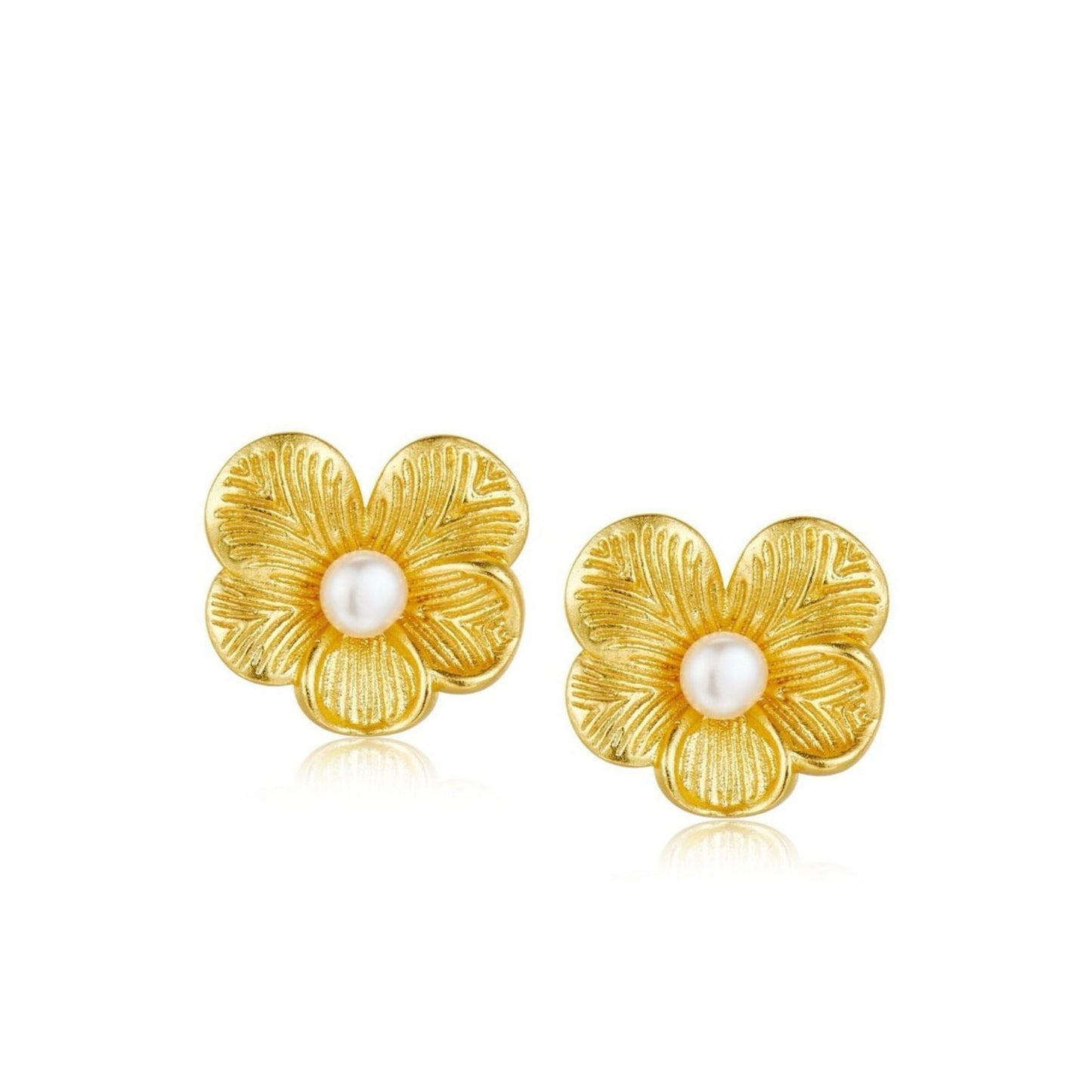 Pair of floral gold petal pearl stud earrings made of 18ct gold vermeil with natural freshwater pearl centers on a white background.