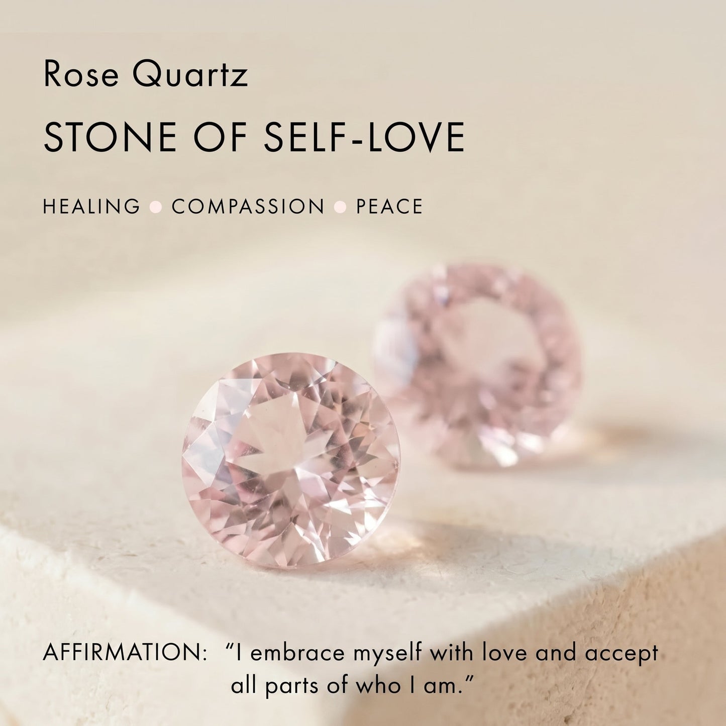 Product info card displaying rose quartz gemstones with text highlighting healing, compassion, and peace.