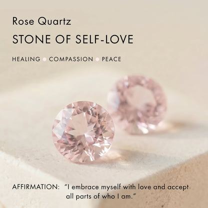 Product info card displaying rose quartz gemstones with text highlighting healing, compassion, and peace.