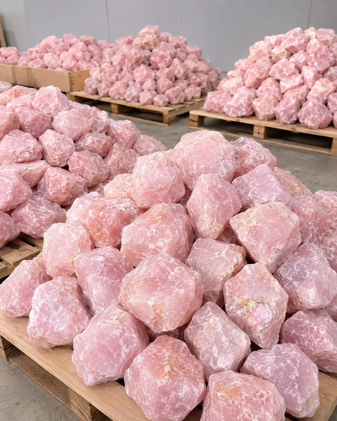 Awakened Time raw rose quartz crystals organized in stock inside a luxury jewelry warehouse