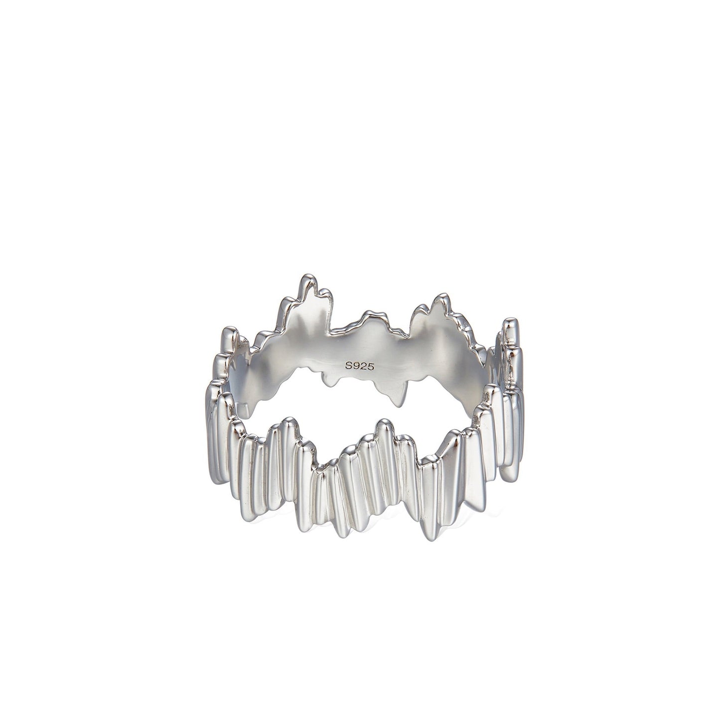 Awakened Time Silver Shard Irregular luxury statement ring displayed on a white background, highlighting its sculptural jagged silhouette, 18ct white gold vermeil finish, and S925 hallmark.