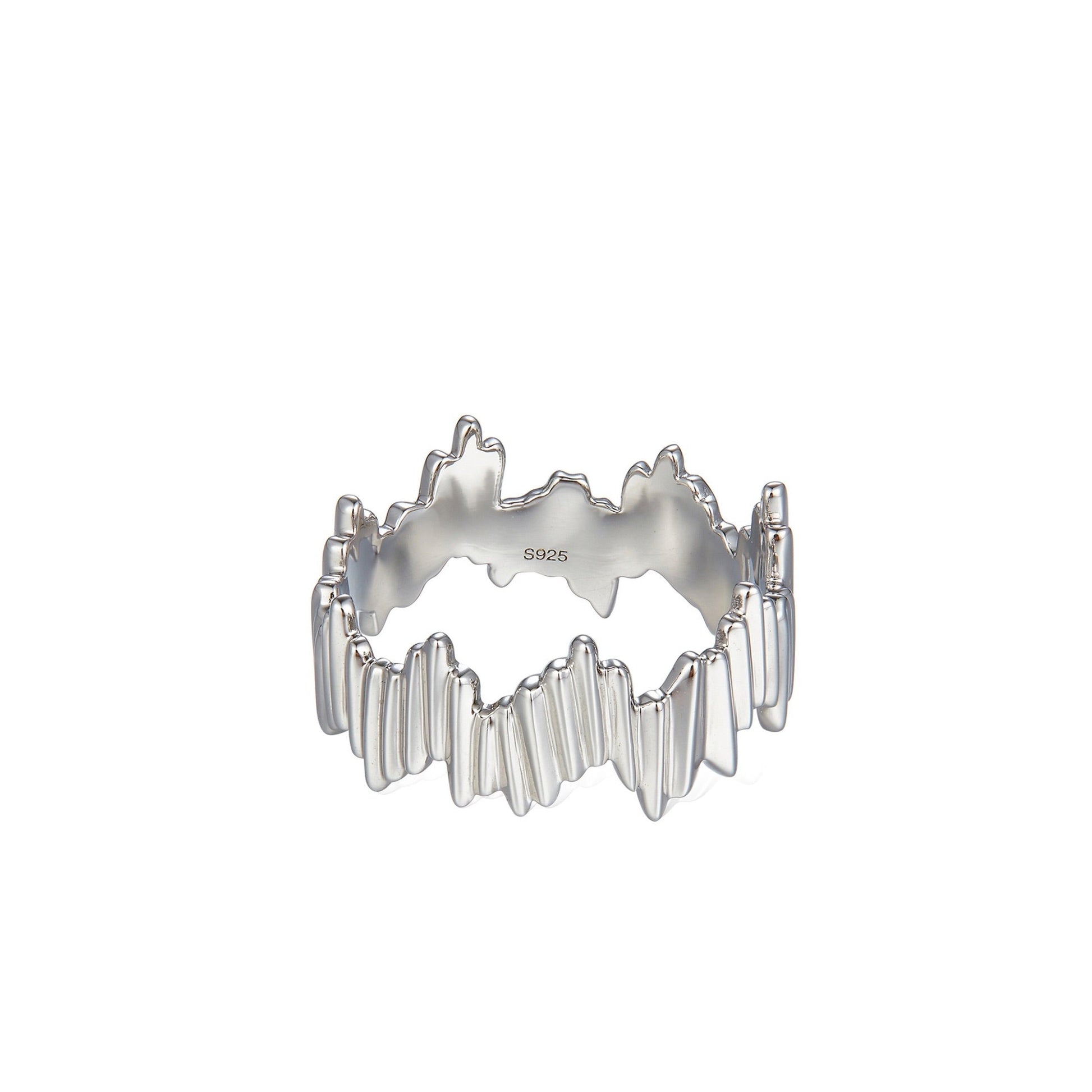 Awakened Time Silver Shard Irregular luxury statement ring displayed on a white background, highlighting its sculptural jagged silhouette, 18ct white gold vermeil finish, and S925 hallmark.