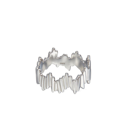 Awakened Time Silver Shard Irregular luxury statement ring displayed on a white background, highlighting its sculptural jagged silhouette, 18ct white gold vermeil finish, and S925 hallmark.