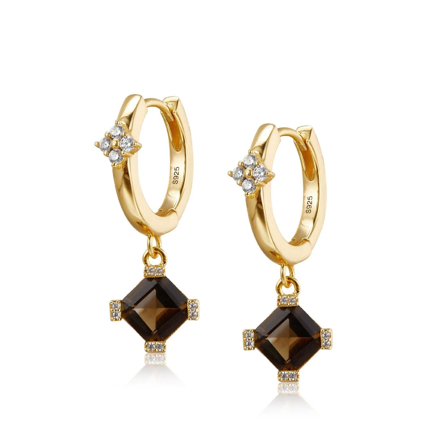 Pair of Smoky Muse gold huggie hoop earrings featuring four-prong accent stones and square-cut smoky quartz drop charms.