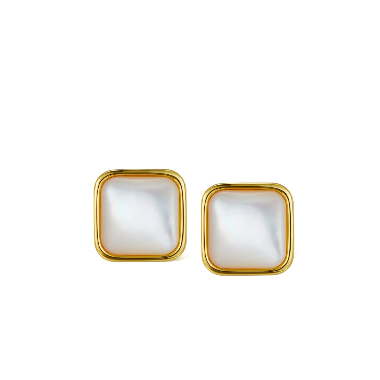 Square 18ct gold vermeil stud earrings featuring iridescent white mother of pearl gemstone inlays.