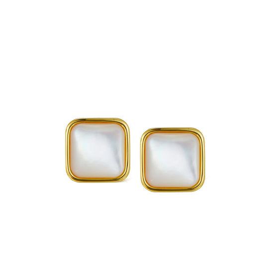 Square 18ct gold vermeil stud earrings featuring iridescent white mother of pearl gemstone inlays.