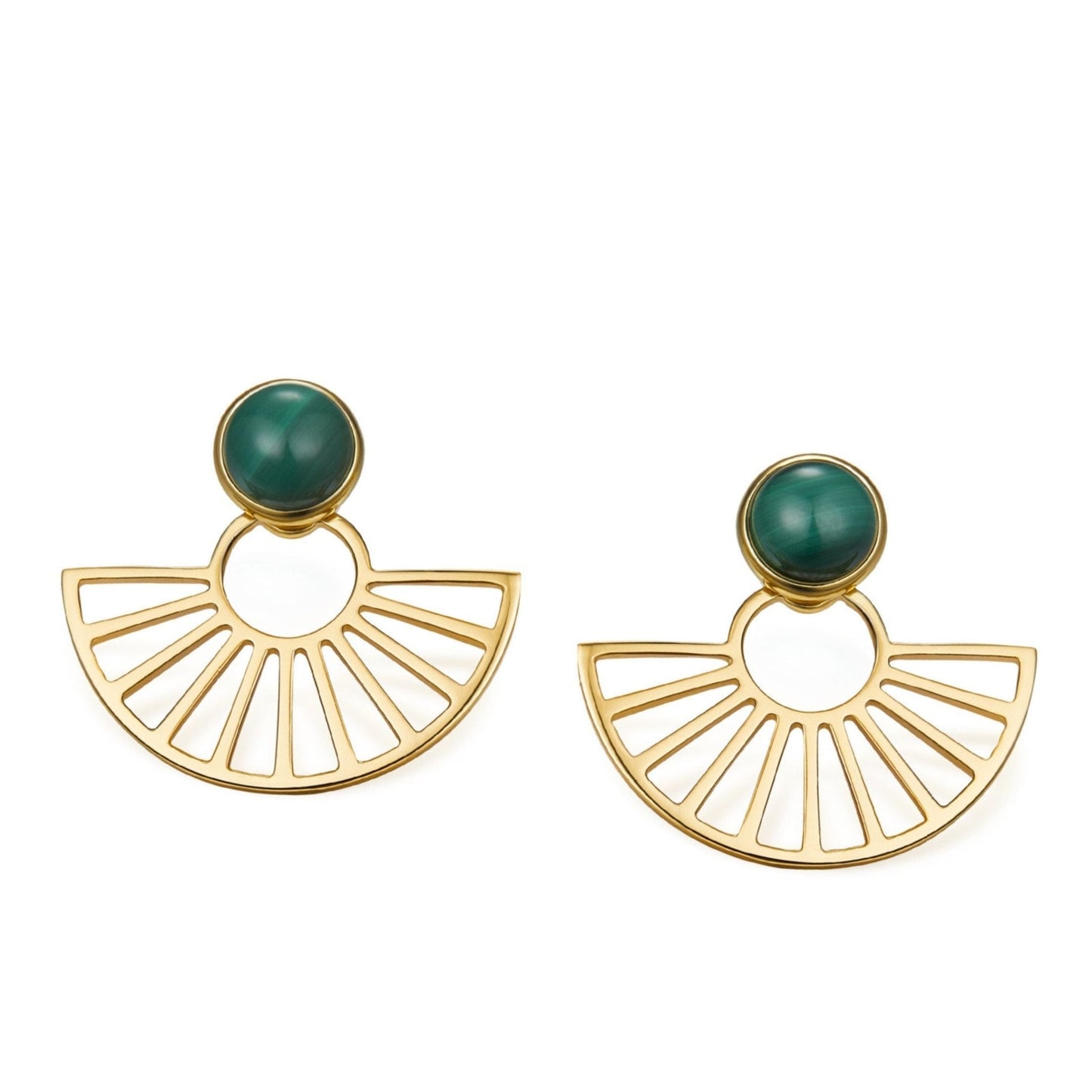 Pair of Zen Fan Earrings in 18k gold vermeil featuring cabochon green malachite stones above openwork fan silhouettes.