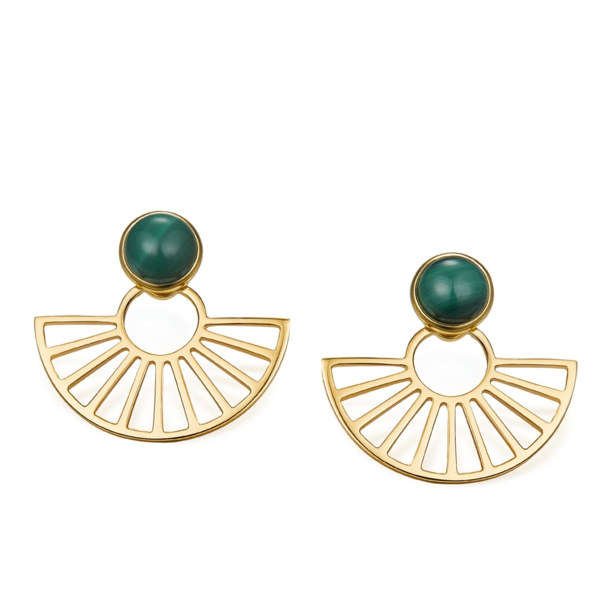 Pair of Zen Fan Earrings in 18k gold vermeil featuring cabochon green malachite stones above openwork fan silhouettes.