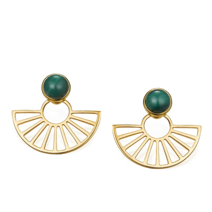 Pair of Zen Fan Earrings in 18k gold vermeil featuring cabochon green malachite stones above openwork fan silhouettes.