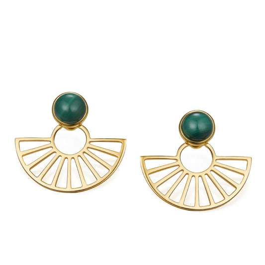 Pair of Zen Fan Earrings in 18k gold vermeil featuring cabochon green malachite stones above openwork fan silhouettes.